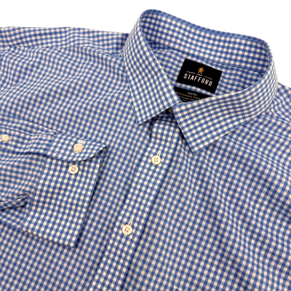 Stafford Shirt Mens 18 36-37 Blue Gingham Travel Performance Tall Dress Plaid